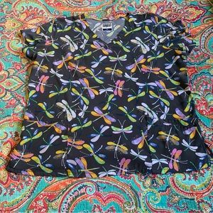 Strictly Scrubs Stretch XL Grey Dragonfly Print Scrub Top Dragonflies